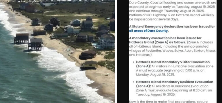 Hatteras Island, North Carolina orders full mandatory evacuation as Hurricane Erin threatens severe flooding and destruction