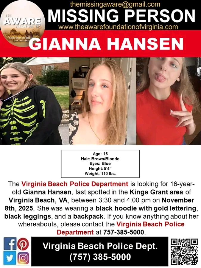 VIRGINIA BEACH, Va. — Urgent Search Launched for Missing Teen Gianna Hansen in City